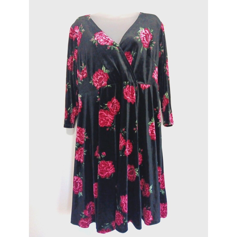 Velvet Dress Torrid 1XL Black Pink Rose V Neck Midi Stretch Romantic Pinup Party